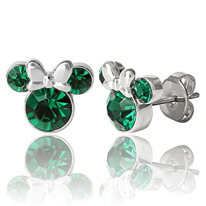Minnie Mouse Birthstone Stud Earrings Women | Birthstone Earrings for Women - color: May-Emerald Crystal