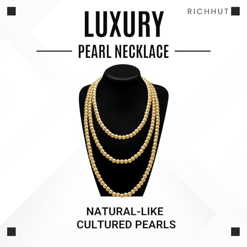 Women's Long Pearl Necklace - Natural Cultured Pearls - Luxurious 8mm Strand Pearls - 1920s Timeless Elegance - Great for Wives, Girlfriends, Sisters, and Besties - Length 60In/71In - color: 18K Golden Bubbly, size: 60In