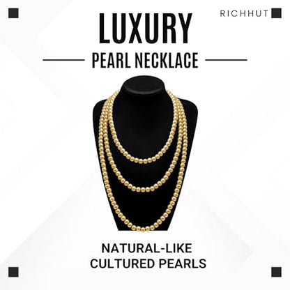 Women's Long Pearl Necklace - Natural Cultured Pearls - Luxurious 8mm Strand Pearls - 1920s Timeless Elegance - Great for Wives, Girlfriends, Sisters, and Besties - Length 60In/71In - color: 18K Golden Bubbly, size: 60In
