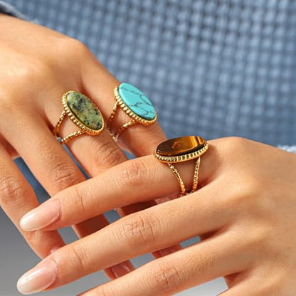 Western Captivating Tiger's Eye Stone Ring,Solitaire 8 * 10mm Oval Cut Gemstone 18K Gold Plated Stack 13mm Wide Ribbed Texture Band Statement Ring for Women - style: Tiger's Eye G