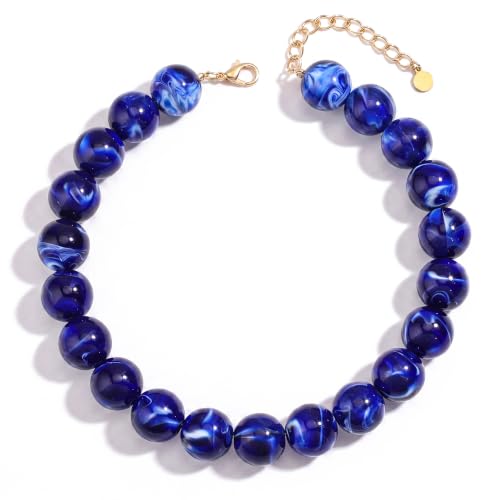 Chunky Beaded Necklace for Women Trendy Boho Collar Statement Necklace Large Round Resin Beads Choker Necklaces Summer Beach Jewelry Gifts - color: Dark Blue