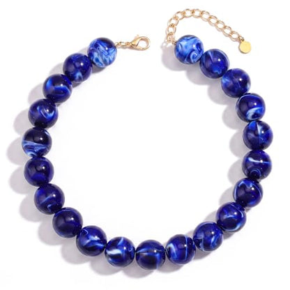 Chunky Beaded Necklace for Women Trendy Boho Collar Statement Necklace Large Round Resin Beads Choker Necklaces Summer Beach Jewelry Gifts - color: Dark Blue