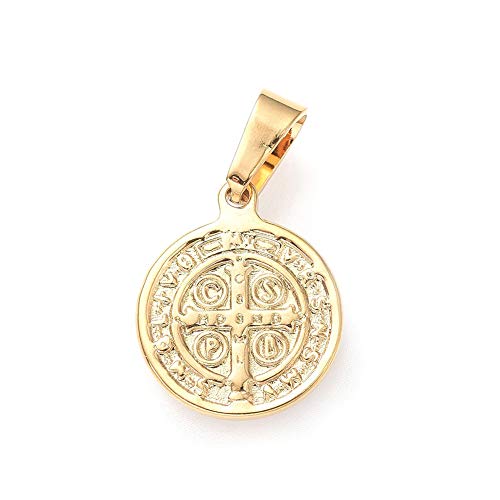 Mega Pet 20pcs Stainless Steel Flat Round with Saint Benedict Pendants Charms Golden Religion Coin Charms Beads DIY Accessories for Bracelets Necklaces Jewerly Making - size: 15x12x2mm#Saint Benedict