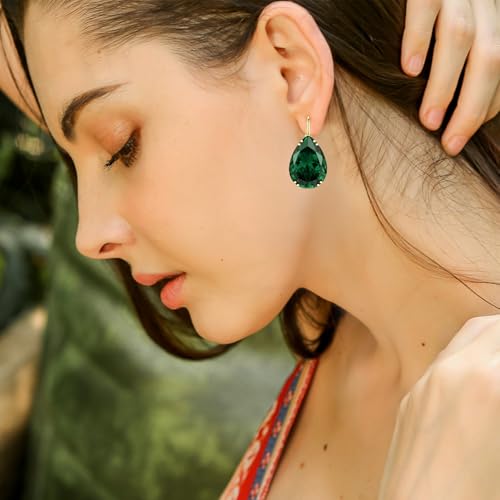 14K Gold Teardrop Crystal Leverback Earrings Sparkly Rhinestone Water Droplet Dangle Drop Earrings For Women - color: Green