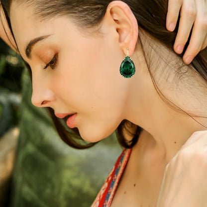 14K Gold Teardrop Crystal Leverback Earrings Sparkly Rhinestone Water Droplet Dangle Drop Earrings For Women - color: Green