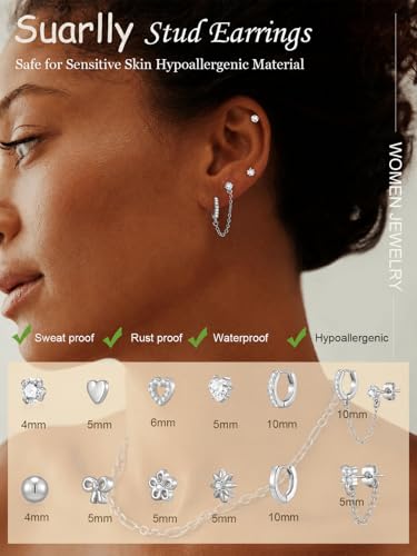 Hypoallergenic Small Gold Stud Earrings for Women 14K Gold Plated CZ Chain Hoops Hypoallergenic Earrings Dainty Clover Flower Heart Bow Stud Earrings for Jewelry Gift - color: silver