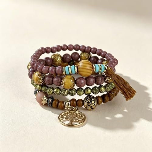 4Pcs Boho Vintage Caramel Tone Wooden Beaded Bracelet Set, Multi-Strand Tassel Stretch Turquoise Jewelry for Women
