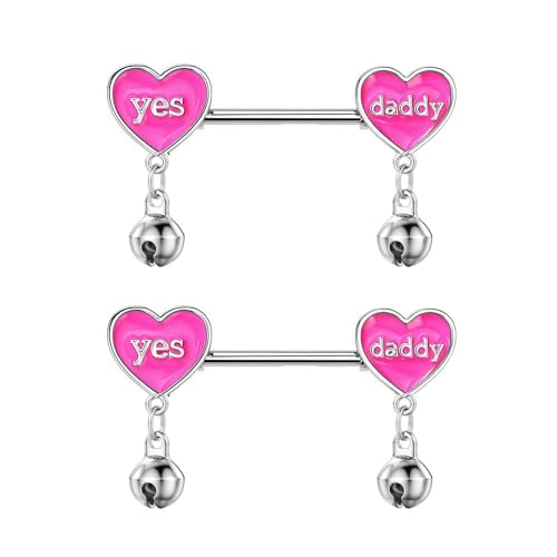 14G Pink Heart Nipple Rings with Jingle Bell Dangle Charm, Yes Daddy Letter Nipplerings Nipple Shield Barbell Piercing Stainless Steel Body Piercing Jewelry