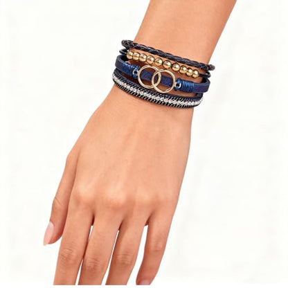 Leather Wrap Bracelets for Women, Boho Leopard Multi-Layer Crystal Beads Cuff Jewelry - color: J-Warp-013