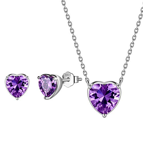 Aurora Tears Hearts Necklace Earrings Jewelry Sets - Women 925 Sterling Silver Birthstone Pendants Earrings Set Crystal Wedding Birthday Jewelry - color: B.February-set