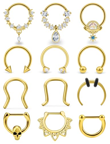 Vsnnsns 16G Septum Rings Piercing Jewelry 316L Stainless Surgical Steel Skull Flower Dangle Clicker Horseshoe Septum Nose Rings Hoop Piercing Jewelry for Women Men Silver Black Rose Gold 10mm - color: 14k Gold Filled Tone