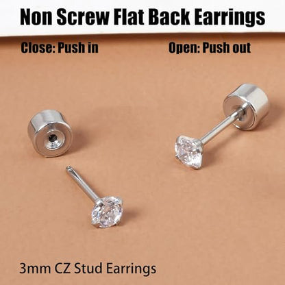 Threadless Flat Back Earrings, Hypoallergenic 14K Real Gold Plated CZ Stud Earrings | Cartilage Earring | Tragus Helix Piercing Jewelry | Push in Flatback Earrings for Women Men - color: Silver, size: 3 Millimeters