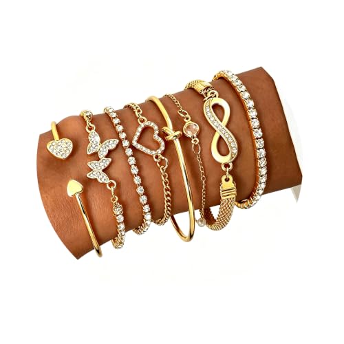 Golden Bangle Bracelets Set for Women, 14k Gold-Plated Multi Layer Stackable Cuff Bracelets, Personalized Boho Non Tarnish Adjustable Bangle Jewelry Gift for Her - color: 8PCS Gold Heart Bracelet