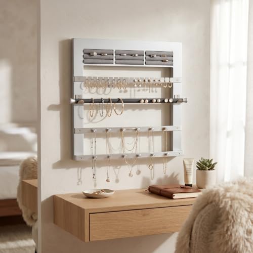 Hives and Honey Tori Wall Hanging Jewelry Rack – Wall-Mounted Organizer with Ring Rolls, Earring Slots, Bracelet Bar & Necklace Hooks, Anti-Tarnish Linen, Silver - color: Silver