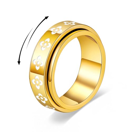 Fidget Anxiety Rings for Women 14K Gold Silver Plated Spinner Band Ring 8mm Thick Stainless Steel Statement Rings Jewelry Gifts Size 6-10 - color: Gold-Rotation