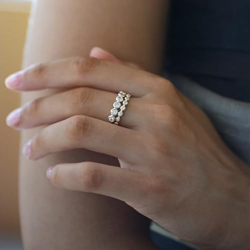 espere Womens Bezel Set Wedding Band | 14K Gold Plated Round Cut CZ Half Eternity Wedding Ring - color: Yellow Gold; Half Eternity Bezel Set