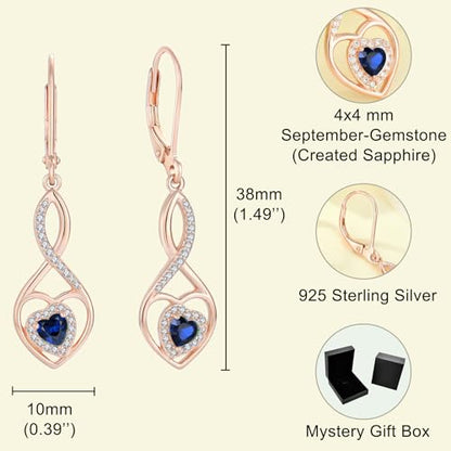 Infinity Heart Rose Gold Jewelry Set for Women 925 Sterling Silver Sapphire Necklace and Earrings Set September Birthstone Jewelry Gifts