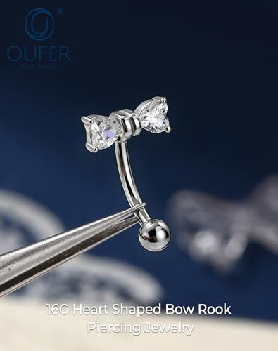 OUFER 16G Rook Earring Piercing Jewelry-316L Surgical Steel Pink Clear CZ Bow Eyebrow Rings, 6/8MM Curved Barbell Vertical Labret Lip Piercing Jewelry - color: Silver