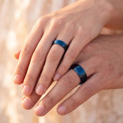 Tungsten Wedding Band Ring Black 10mm Men Women Comfort Fit 18k Rose Gold Step Edge Brushed Polished - color: Blue Tungsten