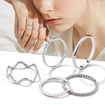 PROSTEEL Stainless Steel Rings Set, Women's Plain Band Knuckle Stacking Midi Rings Comfort Fit, Silver/Gold/Rose Gold/Black Tone, Multi Size #4-#12 - color: A: 5 pcs-silver