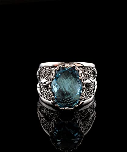 Filigranist 925 Sterling Silver Filigree Art Lace Embroidery Tulip Detailed Gemstone Women Cocktail Ring, Luxurious Gift Boxed - color: Blue Topaz