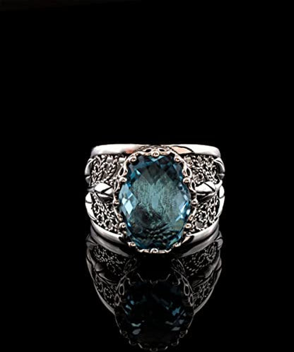 Filigranist 925 Sterling Silver Filigree Art Lace Embroidery Tulip Detailed Gemstone Women Cocktail Ring, Luxurious Gift Boxed - color: Blue Topaz