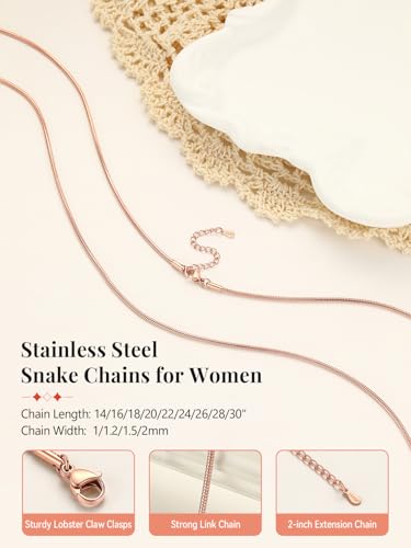 FaithHeart 1/1.2/1.5/2mm Snake Chain Necklace for Women, Silver/Black/14K Gold/Rose Gold Plated Stainless Steel Snake Necklace Smooth Dainty Thin Women's Chains, Length 14-30" with Gift Box - color: Rose Gold