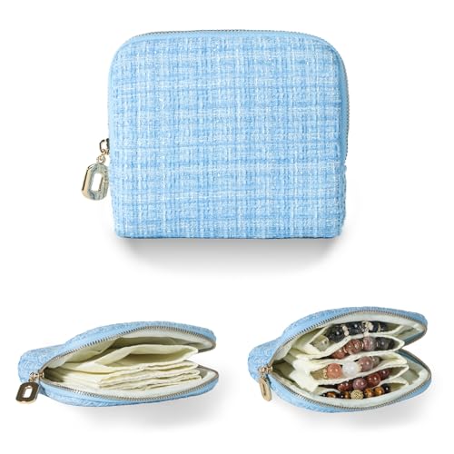 Travel Jewelry Pouch, 5-Layer Tweed Pouch, Blue | Anti-Scratch, Tangle-Free, Bracelets Earrings Necklaces, YKK Zipper Ring Pull, Tweed Fabric, Travel Jewelry Case, Gift - color: WOVEN-Blue