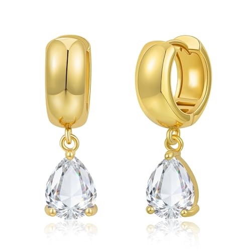 Gold Huggie Dangle Earrings for Women Chunky Hoop Huggies Cubic Zirconia Drop Earring Diamond Crystal Charm Statement Teardrop Earrings Jewelry Gifts - color: Gold-Teardrop