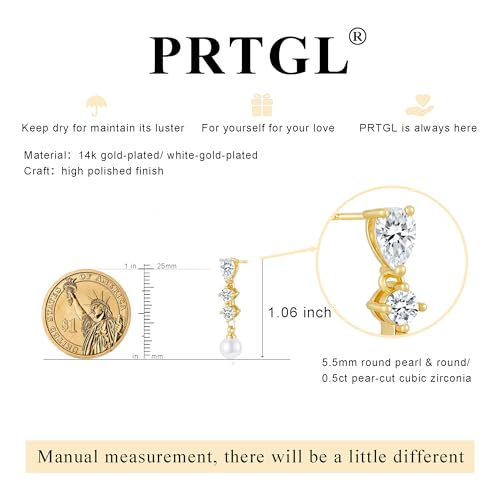 Pearl Earrings - 14K Gold/White Gold/Rose Gold Plated Cubic Zirconia CZ Diaomond Accented Pearl Drop Dangle Earrings for Women Wedding Bridal Prom - color: Gold 3pcs cz