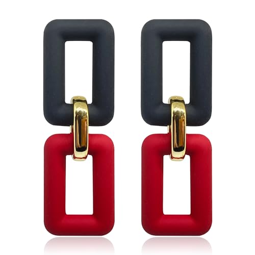Acrylic Chain Earrings for Women Girls Resin Square Geometric Statement Dangle Drop Earrings Bohemian Retro Paperclip Link Chain Earrings 70s 80s Jewelry Gifts - color: black+red
