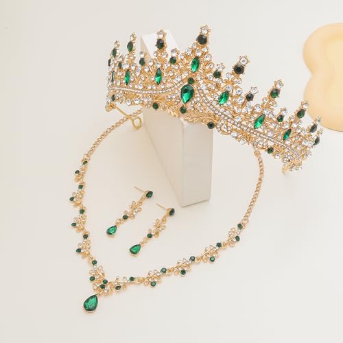 Crystal Crown Jewelry Set for Women Bride Queen Tiara Earrings and Necklace | Metal Royal Crown Costume Jewelry Set Wedding Prom Quinceanera Party Pageant Halloween Retirement Christmas Birthday Gift - color: Green