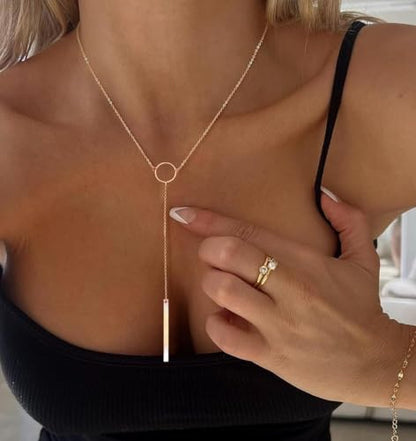 Lariat Gold Necklaces for Women Trendy, Dainty Gold Long Necklace 14k Gold Plated Y-Shaped Layered Necklaces Cz Beaded Bar Pendant Choker Necklace Drop Gold Chain Necklace Gold Jewelry Gift for Women