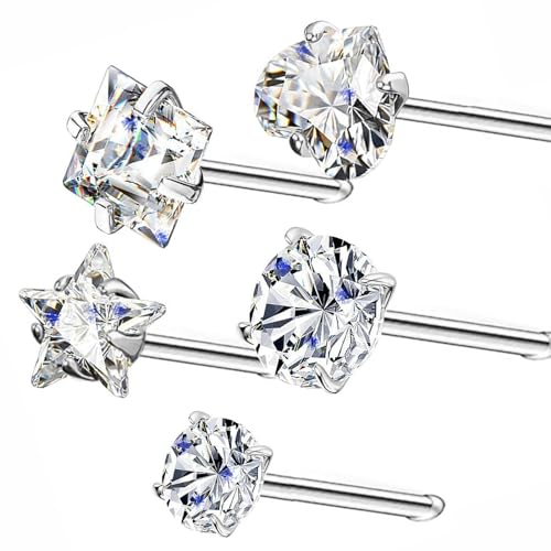 14k Gold Plated Nose Rings Studs for Women 316L Surgical Steel Nose Piercings 22g/20g/18g Gauges 1.5mm/2mm/2.5mm/3mm/3.5mm/4.5mm Sizes - color: 18g 5pcs Bone Silver Surgical Steel