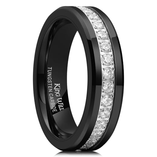 King Will 8mm Tungsten Carbide Rings for Men Cubic Zircon Stones Inlay - color: Black 6mm