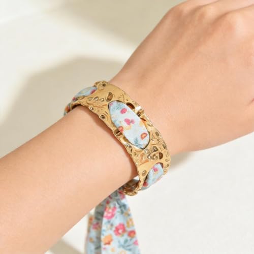 Gold Cuff Bracelets for Women, Boho Western Scarf Bracelet with Ribbon Bow, Adjustable Open Bangle Hair Tie Bracelet, Blue Paisley Bandana Wrist Cuff, Stainless Steel Vacation Festival Jewelry - color: a4:pink