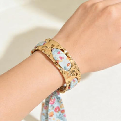 Gold Cuff Bracelets for Women, Boho Western Scarf Bracelet with Ribbon Bow, Adjustable Open Bangle Hair Tie Bracelet, Blue Paisley Bandana Wrist Cuff, Stainless Steel Vacation Festival Jewelry - color: a4:pink