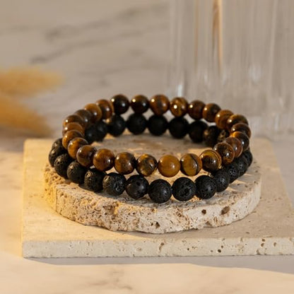 Mens Bead Bracelet Set - Adjustable Elastic Rope With 6&8MM Natural Stone Multi-Colored Beads - Tiger Eye Bracelets for Men - Gift - style: 2,Tiger eye,Lava beads