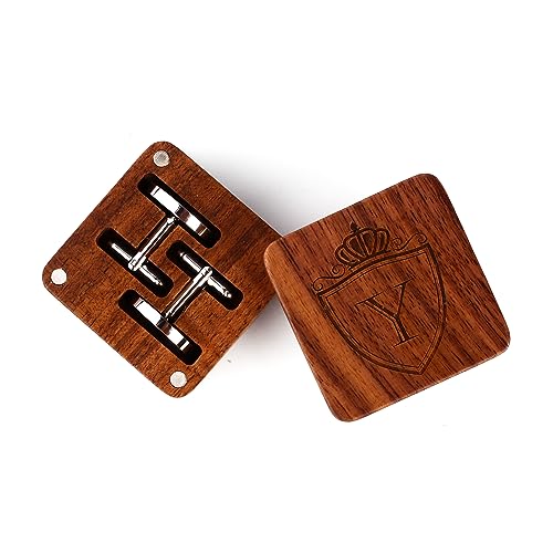 Mens Initial Silver Cufflinks A-Z Alphabet Letter Steel Cuff Links with Engraved Walnut Wood Box Groom Groomsman Wedding Set… - style: Y