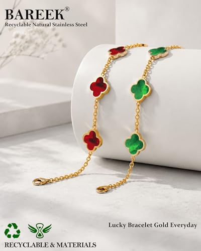 Four Leaf Clover Bracelet for Women 18K Gold Plated Stainless Steel 4 Leaf Link Chain Adjustable Bracelets Lucky Gift for Women/White/Black/Rich Red/Emerald Green/ Navy Blue/Pink Bracelets - color: Green/Gold