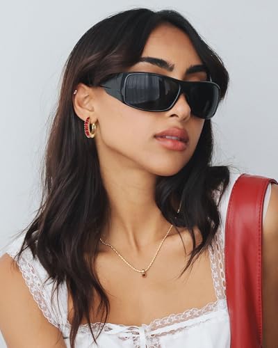 Trendy 14K Gold Plated Hoop Earrings for Women, Chunky Gold/Silver Earrings for Women Cubic Zirconia Baguette Hoop Earrings Heart Hoops Lightweight Hypoallergenic Jewelry,25mm/35mm/40mm/50mm - color: 01 Gold Red Hoops 25mm