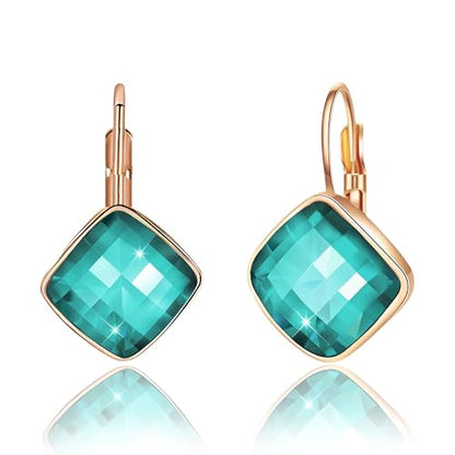 Austrian Crystal Square Leverback Drop Earrings for Women | Classic Square-Cut Crystal,14K Gold-Plated,Leverback for Easy Secure Wear,Gift Box Included,For Day and Evening Events - color: Blue-Green