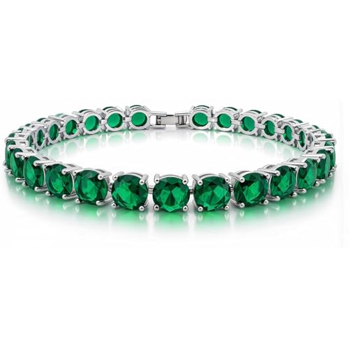 KEZEF Tennis Bracelet for Women, 7mm Round CZ, Silver Plated Brass, 6.5–8 Inch, Fold-Over Clasp - color: Simulated Green Emerald, size: 7 Inch