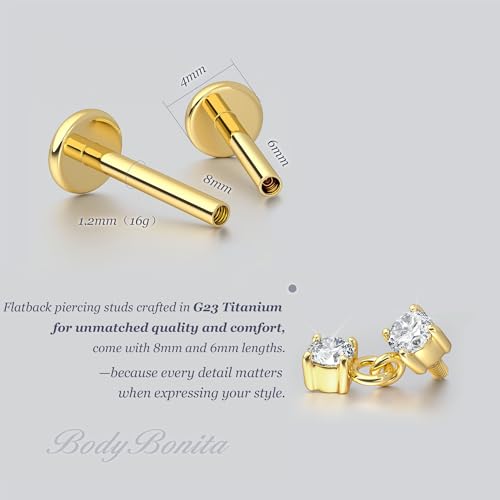 G23 Titanium 16G Tragus Conch Piercing Jewelry Flat Back Stud Earrings | Hypoallergenic CZ Nose Dangle Helix Medusa Lip Labret Body Piercing Jewelry, 14K Gold Plated, Silver, 6 and 8 mm Post Length - color: Dangle CZ-14K Gold