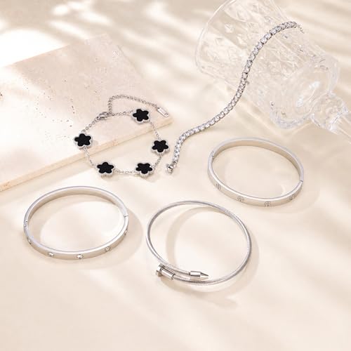 18K Gold Plated Love Bangle Bracelet Stack for Women, Adjustable Clover Bracelet & CZ Tennis Chain Set, Stackable Layered Jewelry, Fade Resistant, Long-Lasting Luster for Daily Wear & Gift - color: 5Pcs Silver Black