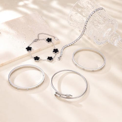18K Gold Plated Love Bangle Bracelet Stack for Women, Adjustable Clover Bracelet & CZ Tennis Chain Set, Stackable Layered Jewelry, Fade Resistant, Long-Lasting Luster for Daily Wear & Gift - color: 5Pcs Silver Black