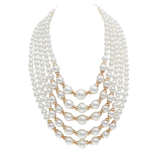 JNF 1920s Pearl Necklace for Women Long Chunky Big Pearl Strands Flapper Beaded Necklaces Imitation Faux Pearls Gatsby Vintage Costume Jewelry 80'' Long - color: gold pearl white