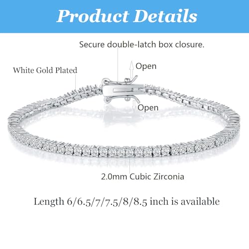 2.0MM Tennis Bracelet for Women and Men，18K White/Yellow Gold Plated Round 2mm Cubic Zirconia Classic Tennis Bracelet - color: White Gold Plated, size: 7 inch