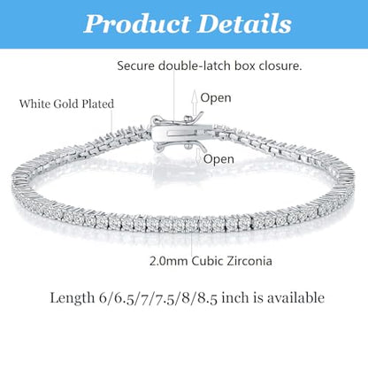 2.0MM Tennis Bracelet for Women and Men，18K White/Yellow Gold Plated Round 2mm Cubic Zirconia Classic Tennis Bracelet - color: White Gold Plated, size: 7 inch