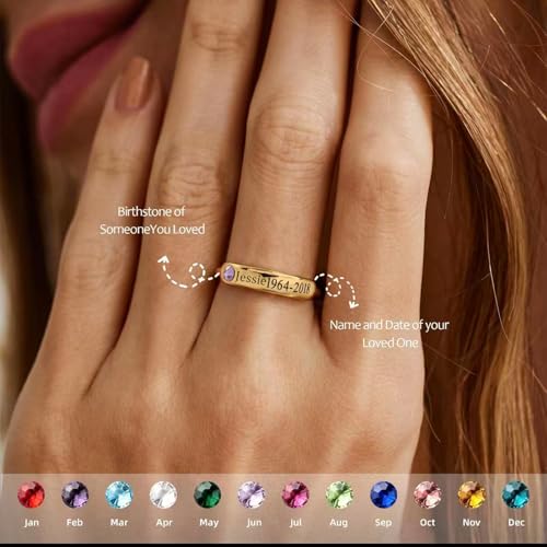 Custom Name Ring with Birthstone 925 Sterling Silver Engraved Memorial Rings for Women Husband Mom Dad Sympathy Gift for Loss Of Loved One